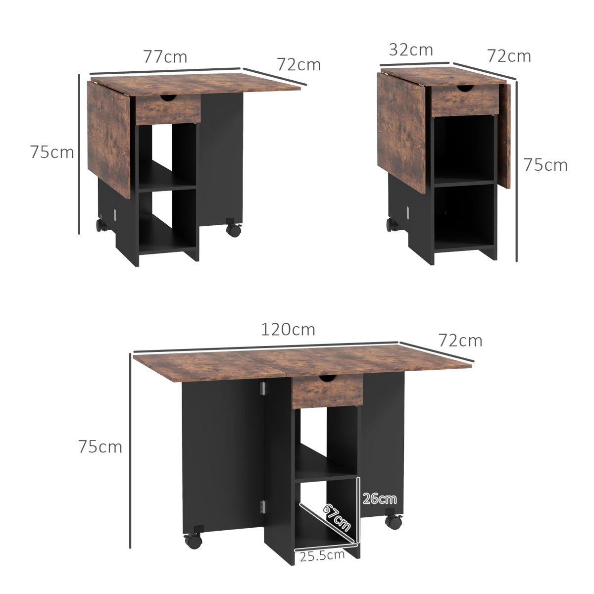 Expandable Drop Leaf Dining Table with Storage, Seats 4, Rustic Brown