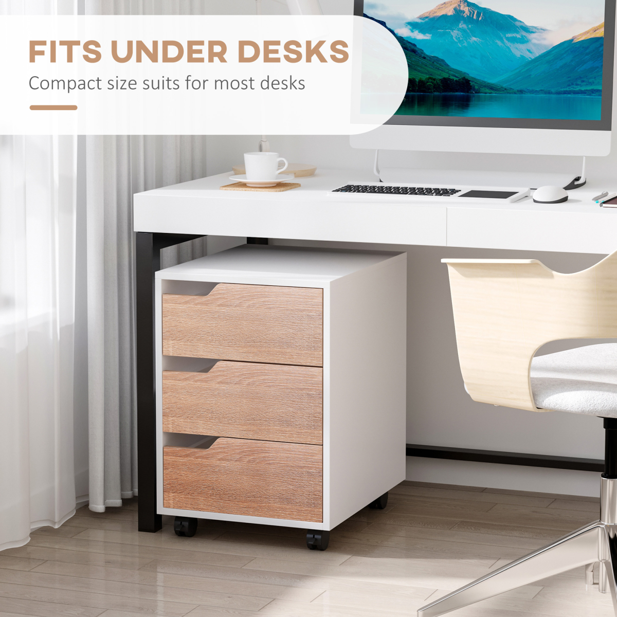 Homcom Mobile File Cabinet with 3 Drawers, Locking Casters, Metal Rails, Oak Tone White
