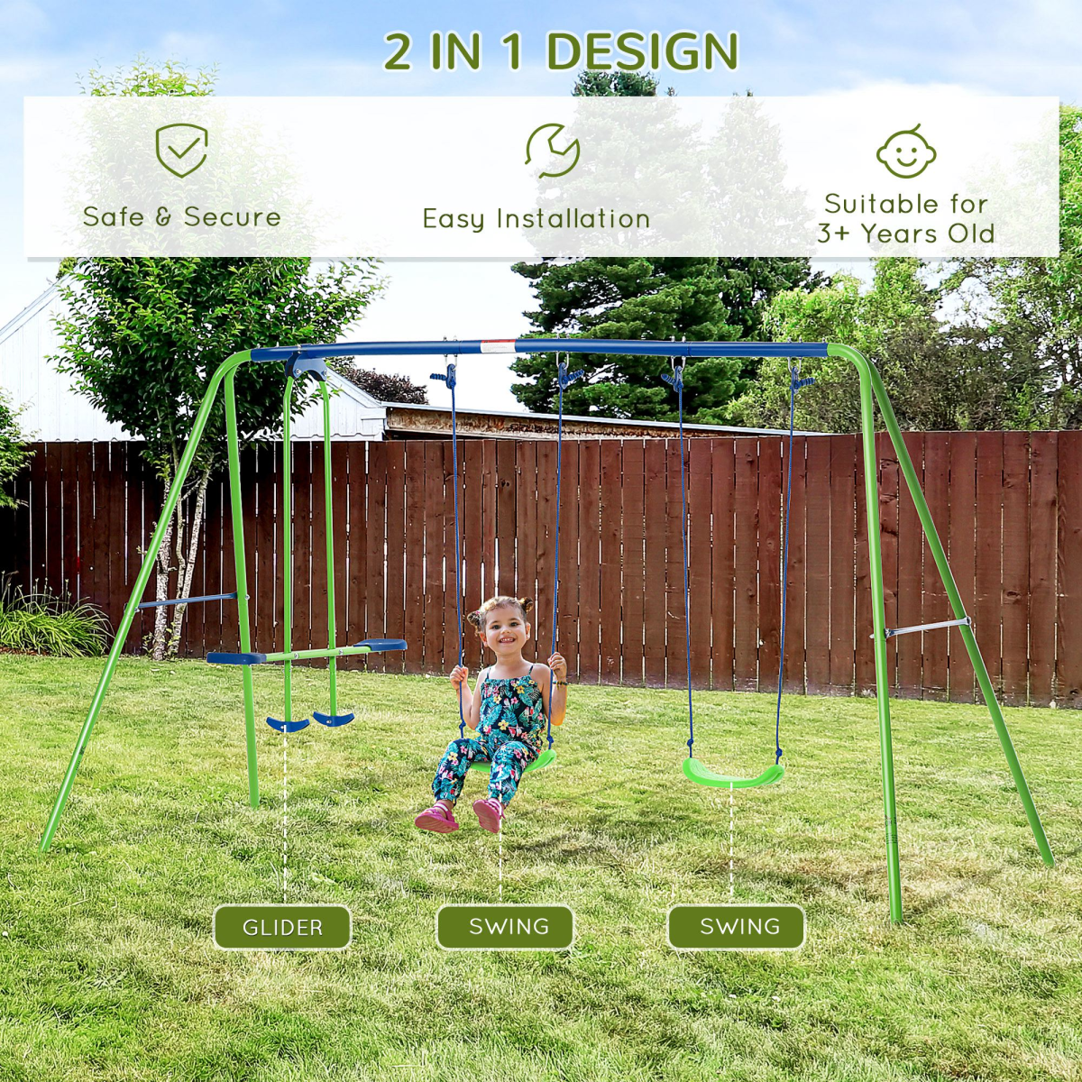 Metal Double Swing Set with Seat Glider Outdoor Garden Play Set, Green, Outsunny