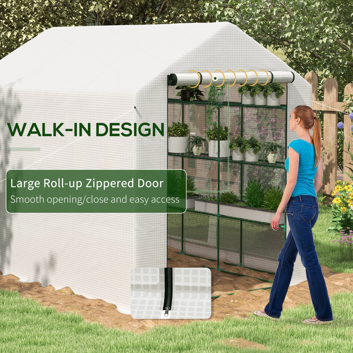 Outsunny Walk-In Garden Greenhouse with 3-Tier Shelves, Roll-Up Door