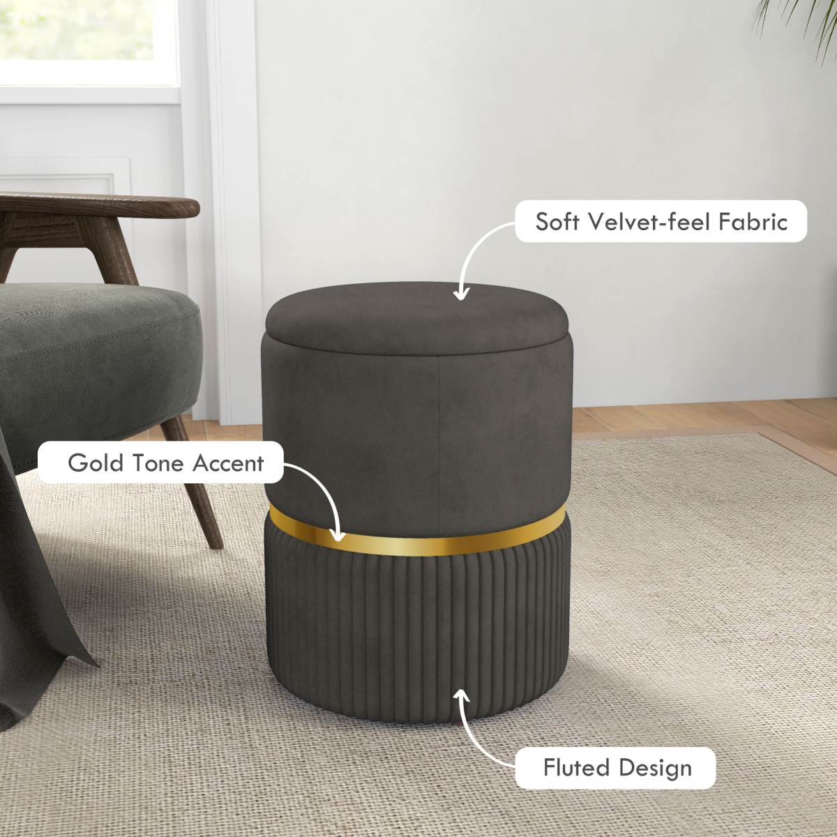 HOMCOM Round Storage Pouffe Footstool with Cushioned Top, Grey