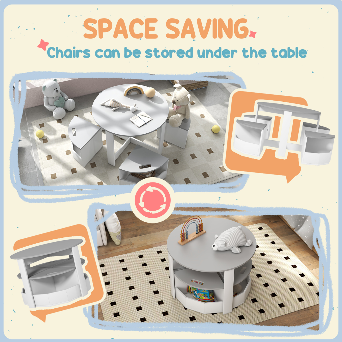 AIYAPLAY 5-Piece Kids Table and Chairs Set with Storage, Grey/White