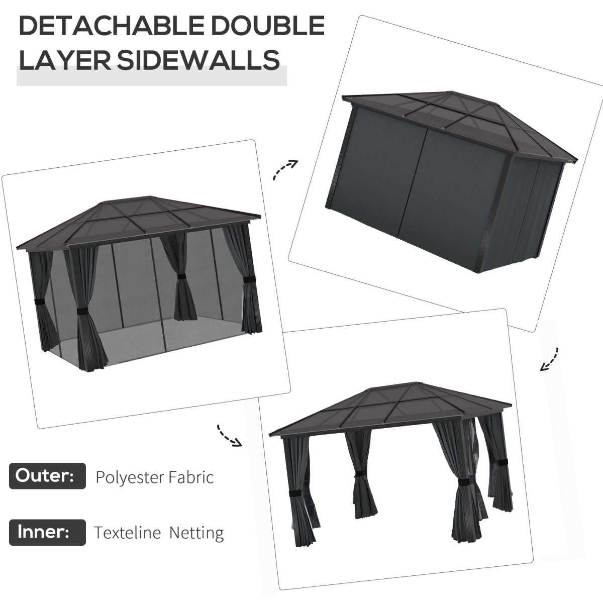 Outsunny 3 x 3.6m Aluminium Hardtop Gazebo with Polycarbonate Roof, Black and Dark Grey
