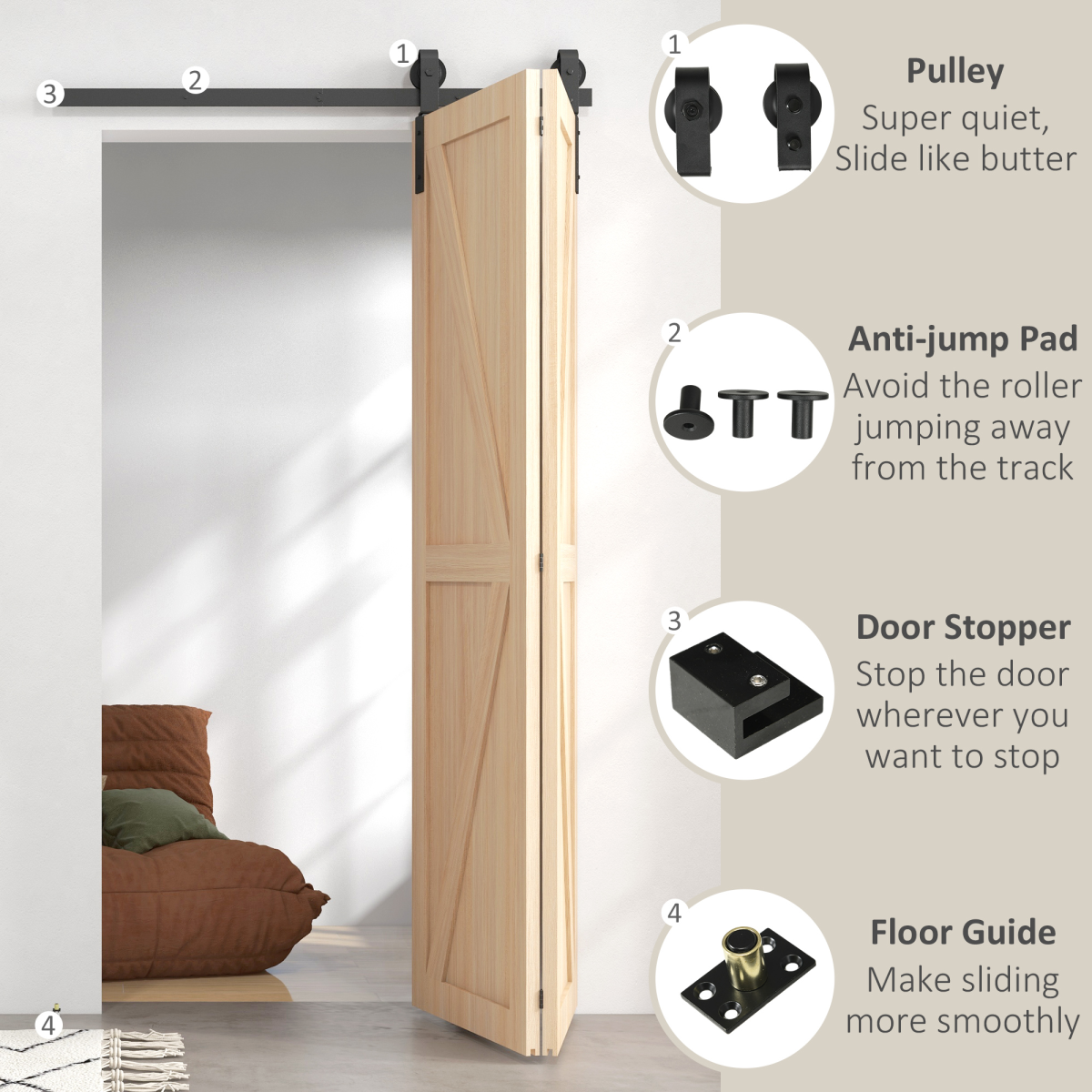HOMCOM 4FT/122cm Bi-Folding Sliding Barn Door Hardware Kit, Black