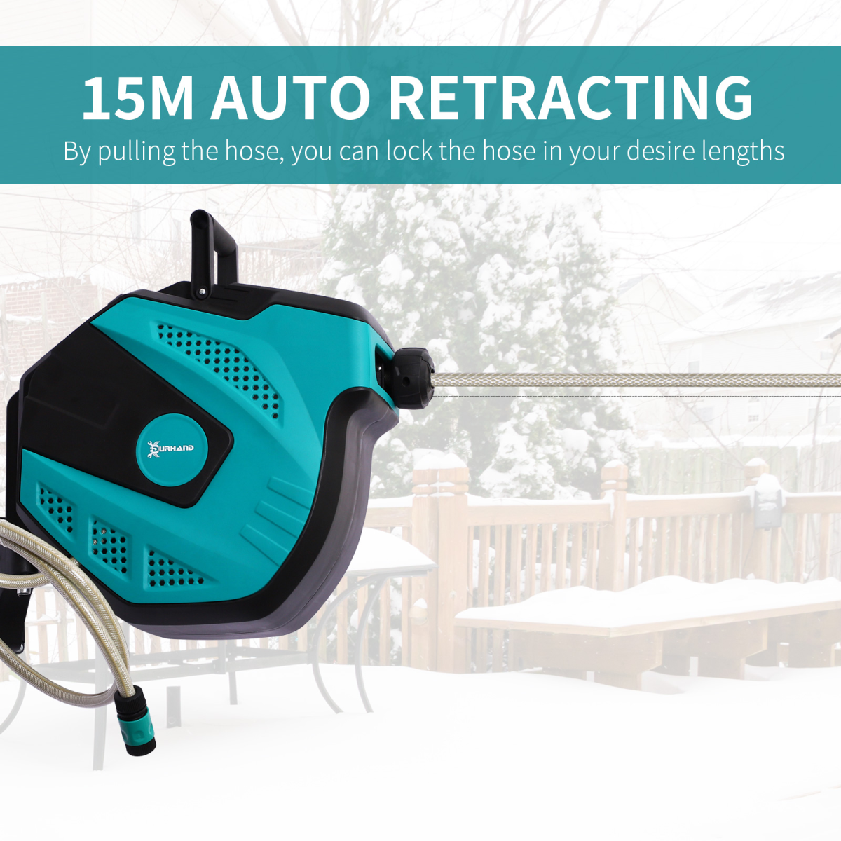 DURHAND 15m Auto Rewind Water Hose Reel with 180° Swivel Mounting Bracket
