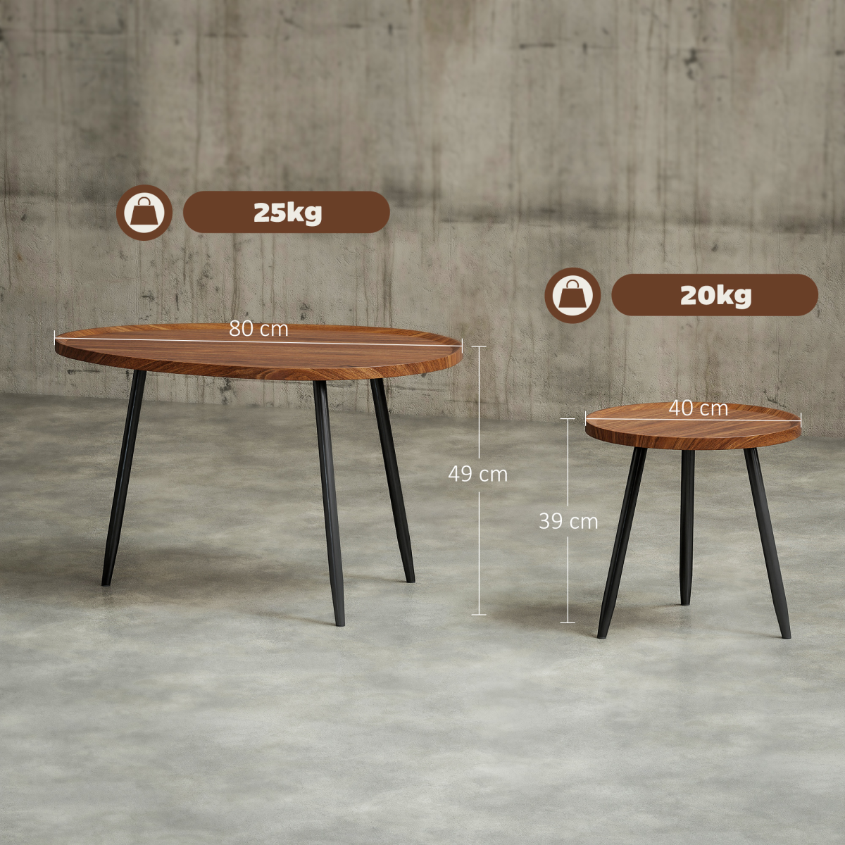 HOMCOM Set of 2 Nesting Side Tables, Chestnut Wood Effect, Metal Legs