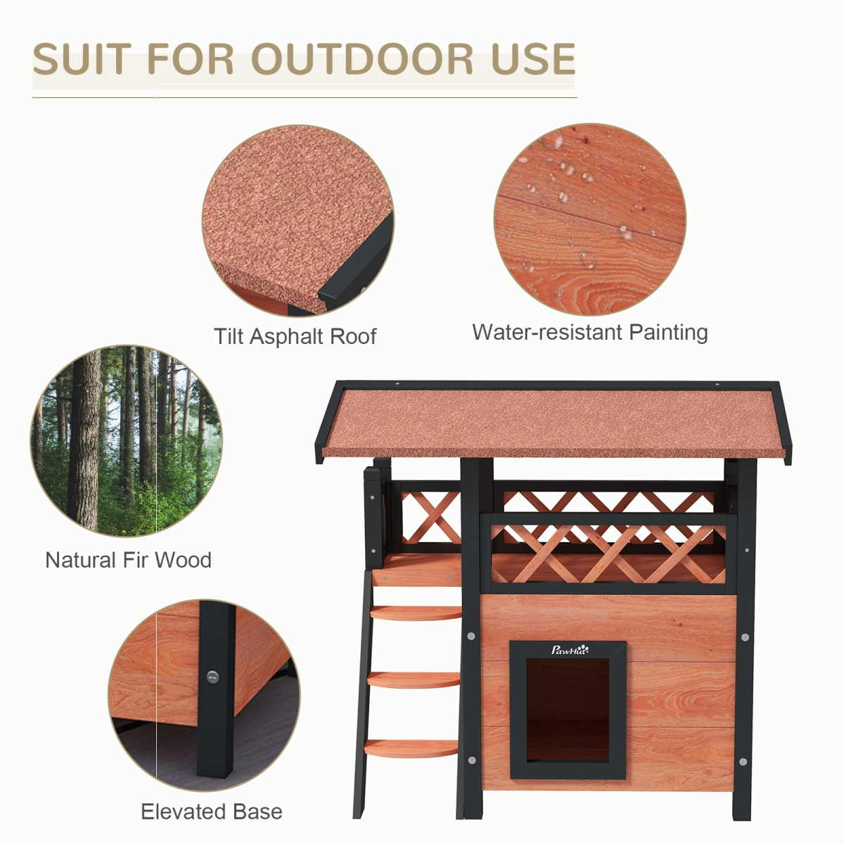 PawHut Outdoor Fir Wood Cat House with Balcony, Stairs & Roof