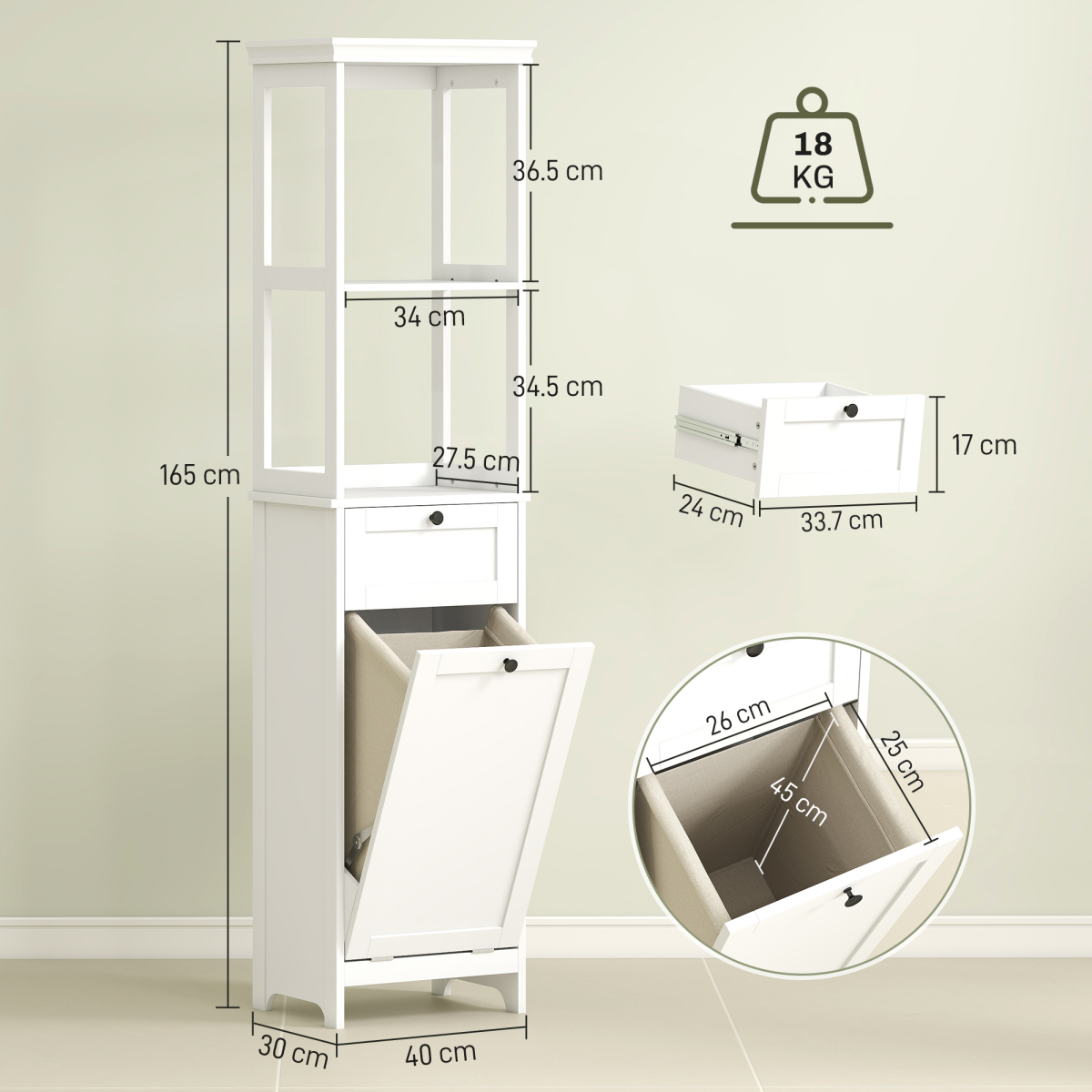 HOMCOM Slim White Bathroom Storage Cabinet with Tilt-Out Hamper
