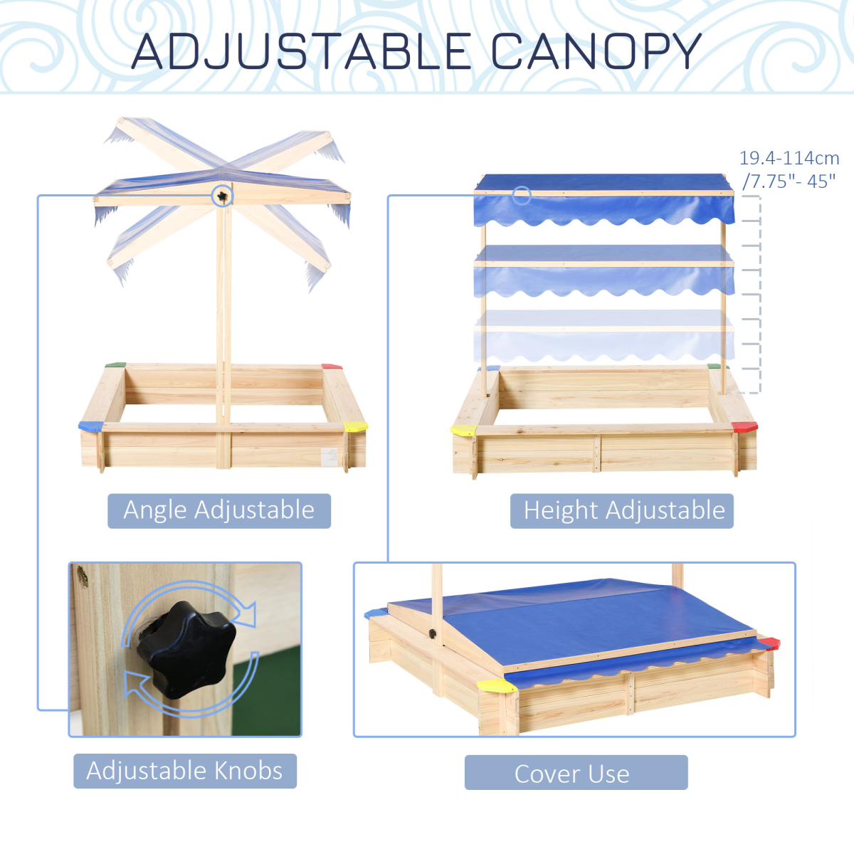 Outsunny Wooden Kids Sandbox Playset with Adjustable Canopy