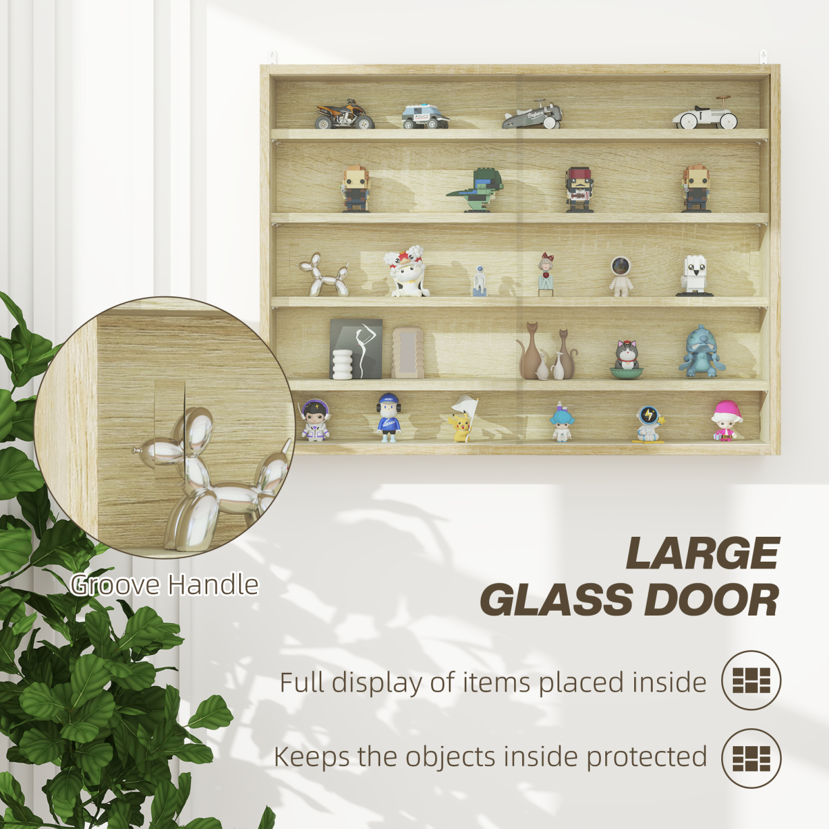 HOMCOM Oak 5-Tier Wall-Mounted Display Cabinet with Glass Doors