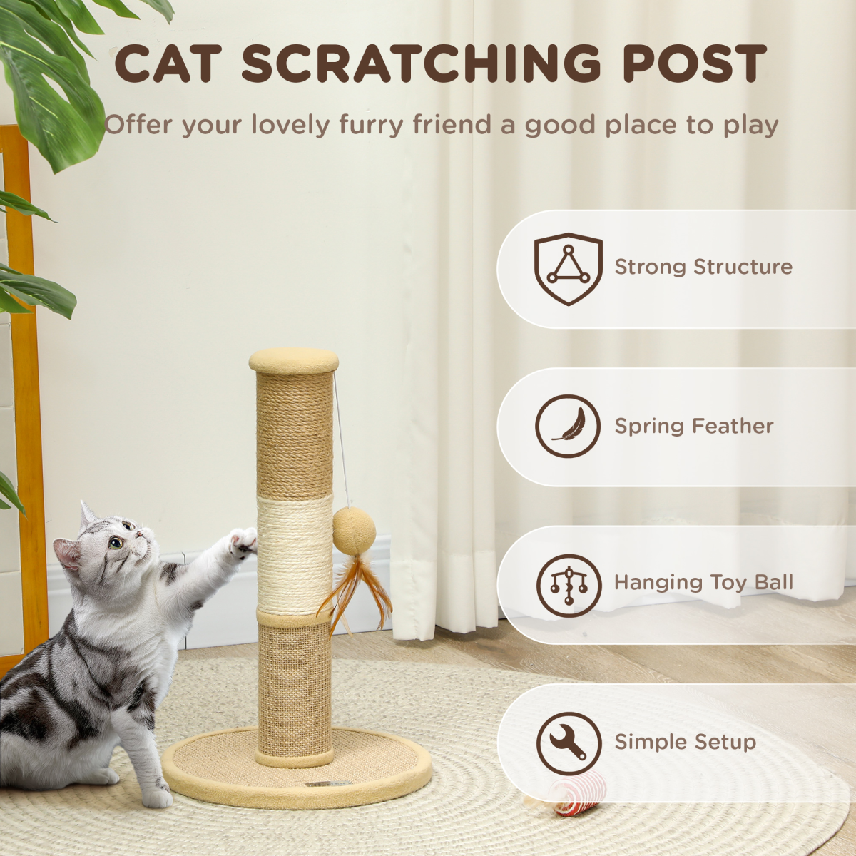 PawHut 47cm Cat Scratching Post with Sisal Rope, Brown