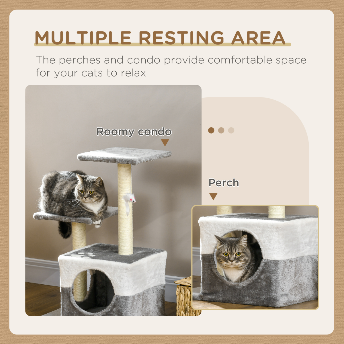 PawHut Grey Cat Tree with Sisal Posts, House, Perches & Toy Mouse