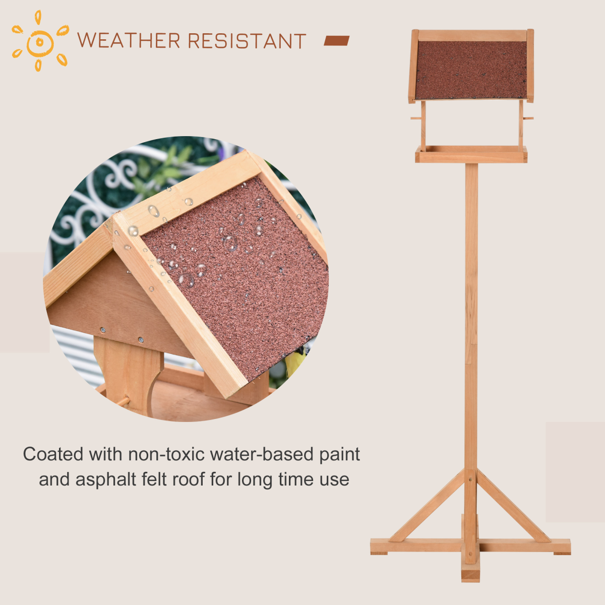 Pawhut Wooden Freestanding Bird Feeder Platform with Cross-Shaped Support Feet, Sturdy Fir Wood Frame, Non-Toxic Painted Finish, Sloped Asphalt Top