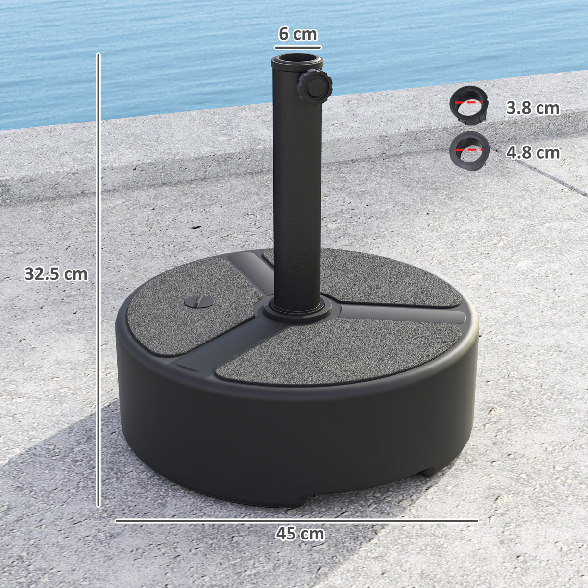 Outsunny Round Garden Parasol Base, Sand or Water Fillable Stand for 38 mm and 48 mm Poles, Black