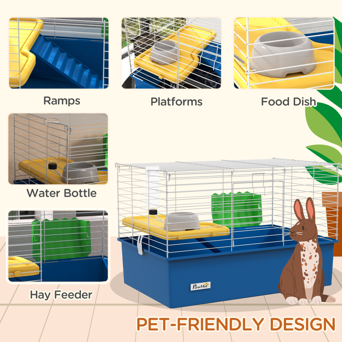 PawHut Small Animal Cage for Rabbits and Guinea Pigs, Blue