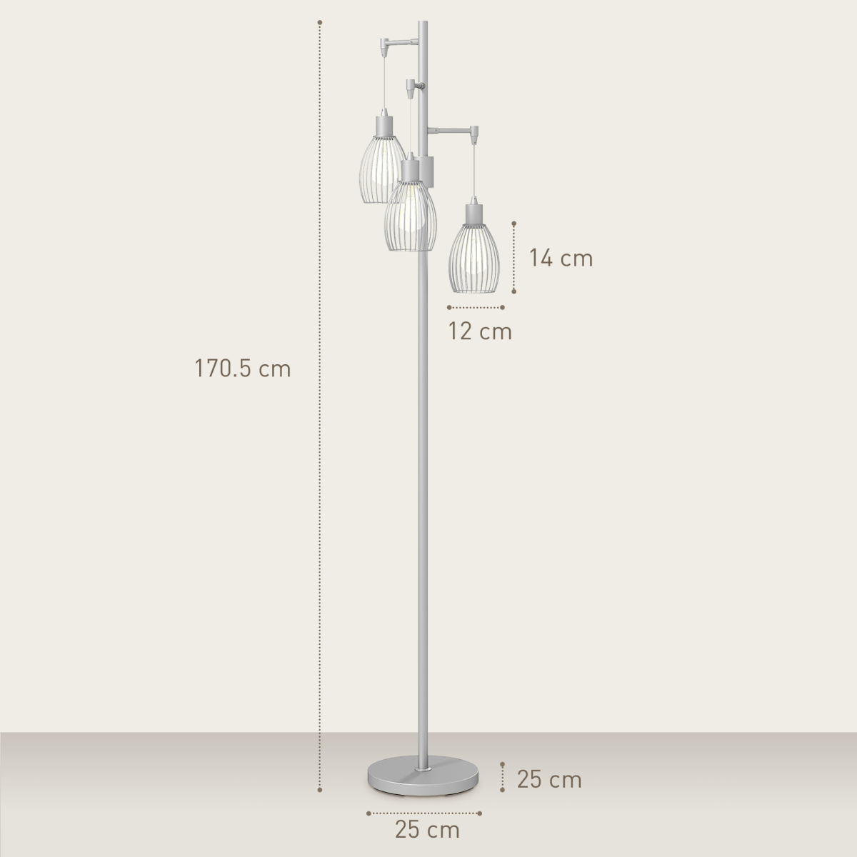 HOMCOM Industrial 3-Light Dimmable Floor Lamp, Silver Tone