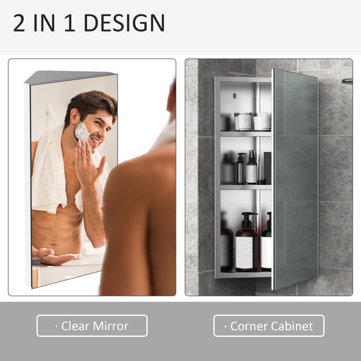 HOMCOM Stainless Steel Floating Corner Bathroom Cabinet with Mirror