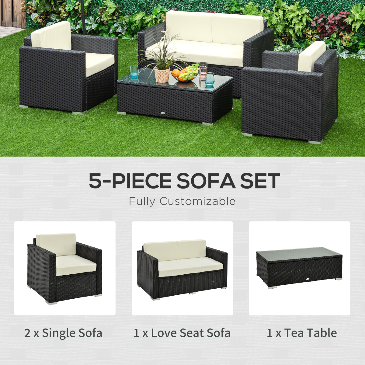 Outsunny 4-Piece Outdoor Rattan Wicker Sofa Set with Coffee Table, Cushioned, Steel Frame, Black