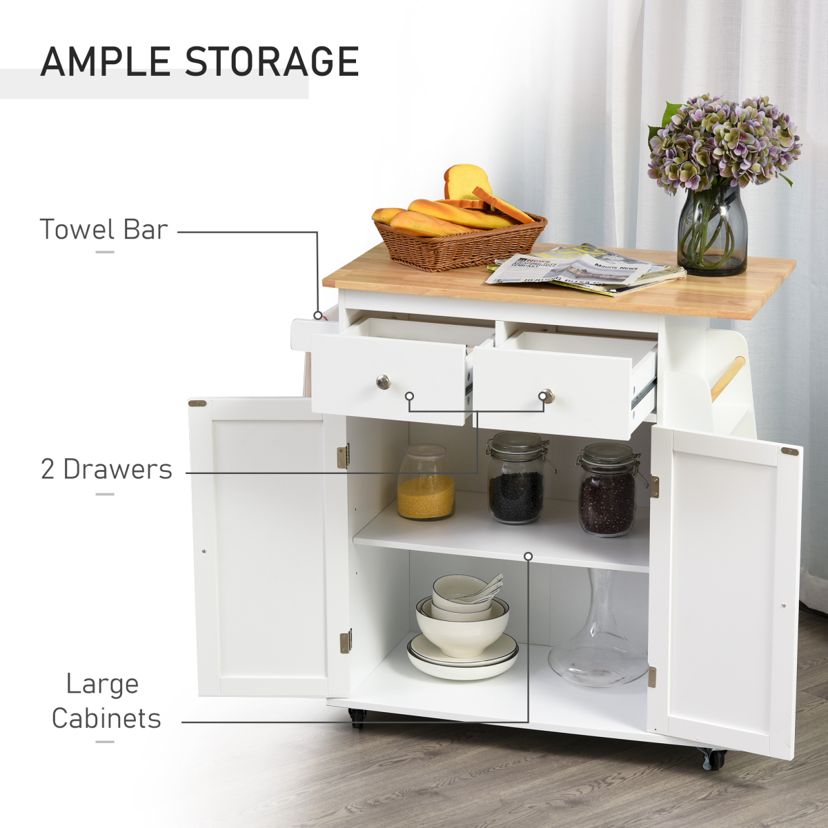 HOMCOM Kitchen Island Storage Unit with Rubberwood Top, 3-Tier Spice Rack, 2 Sliding Drawers, Cupboard and Towel Rail