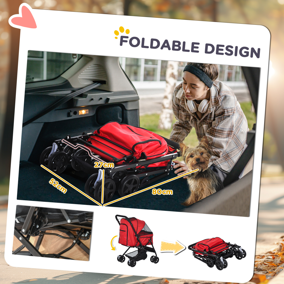 Foldable Pet Stroller for Small Dogs and Cats with Reversible Handle, Brake Wheels, Storage Basket