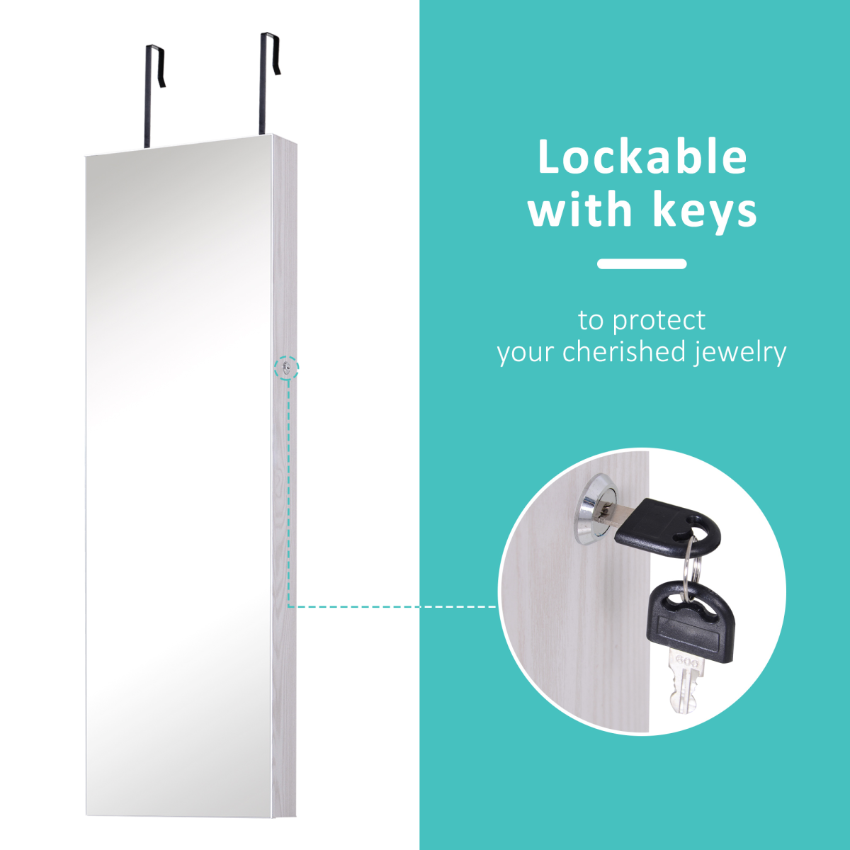Lockable Hanging Mirrored Jewellery Cabinet with 6 LED Lights, White