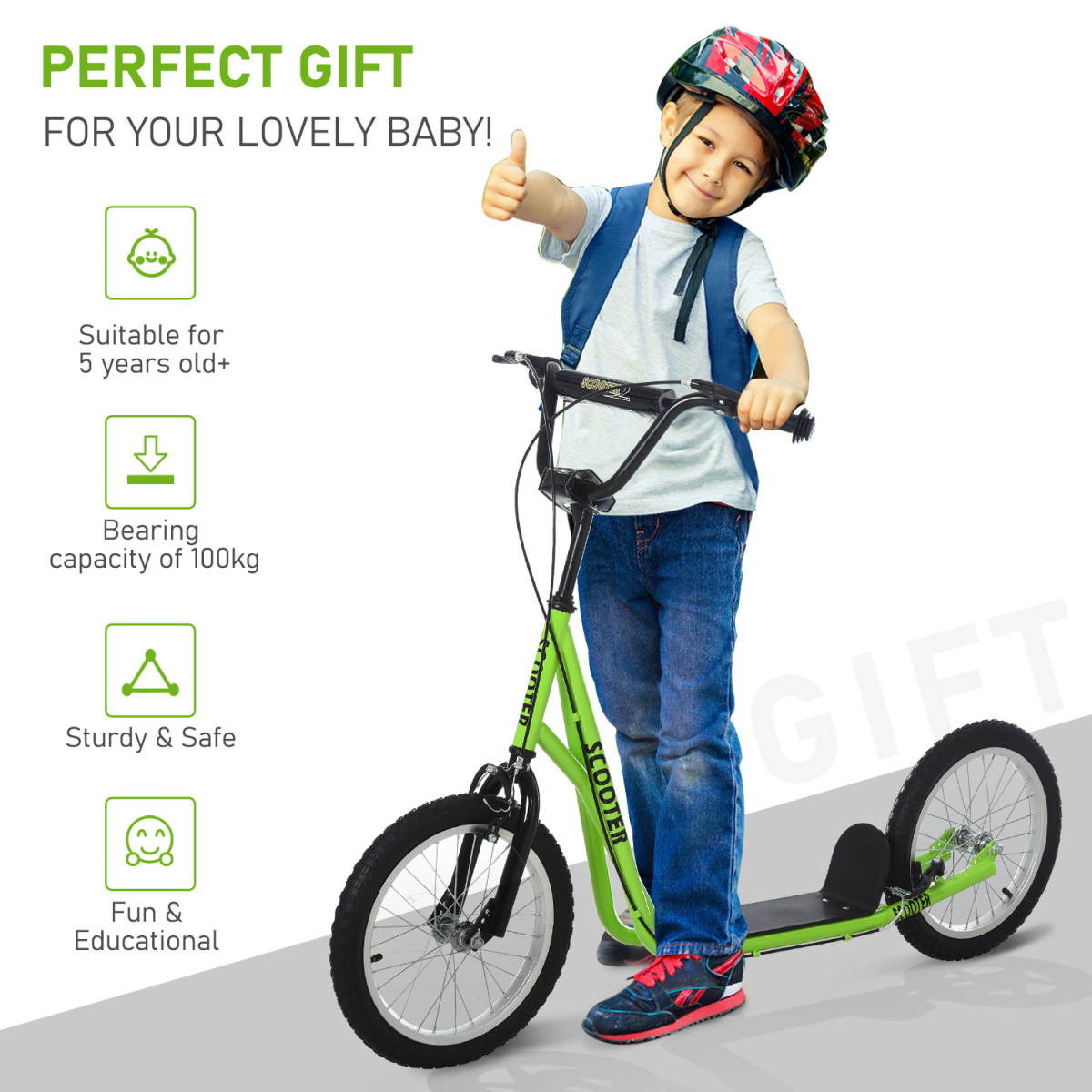 HOMCOM Kids Kick Scooter with Adjustable Handlebar 90-96cm, Inflatable Rubber Tyres, Dual Brake, Steel Frame