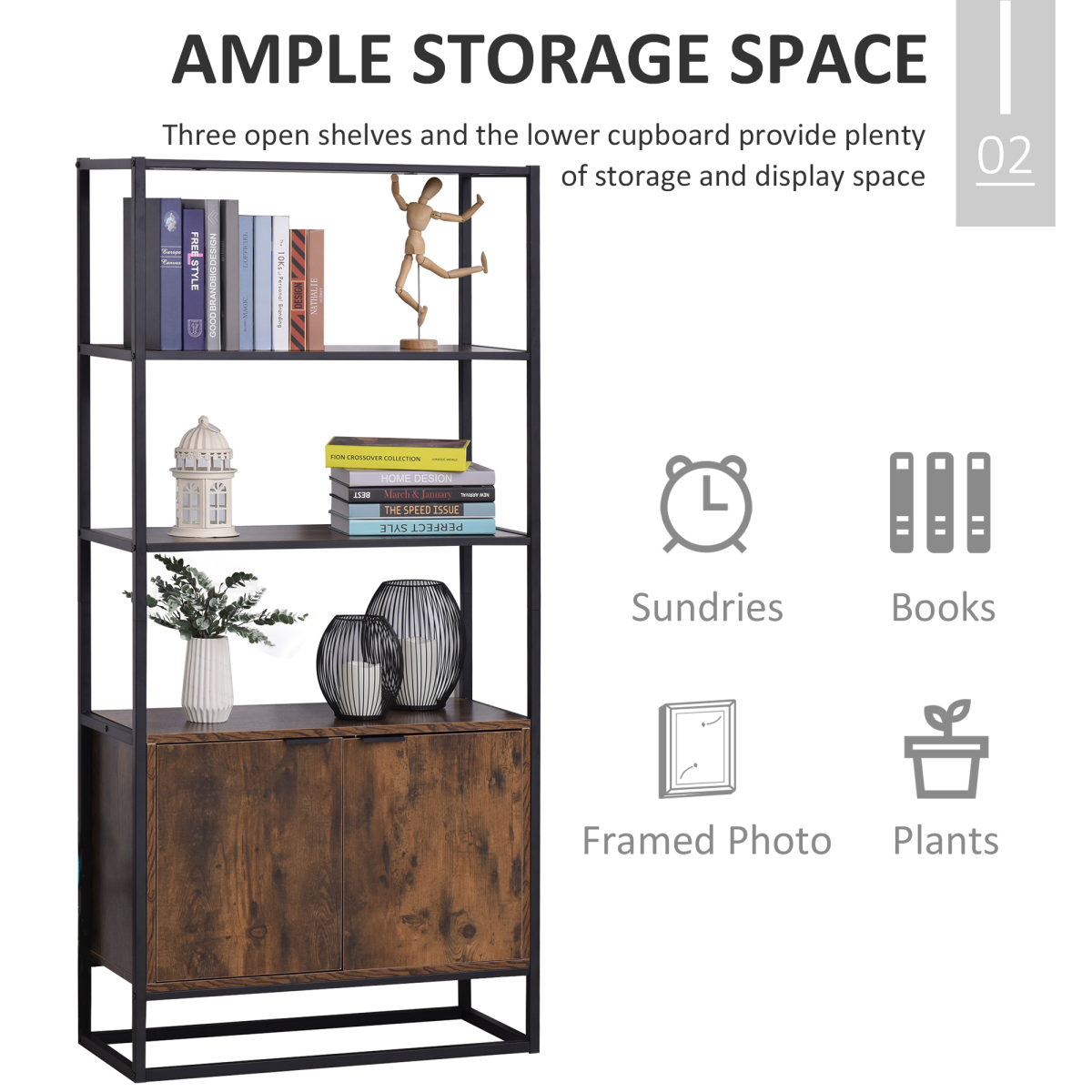 Industrial Style Storage Cabinet with 3 Open Shelves and Bottom Cabinet for Living Room Bedroom