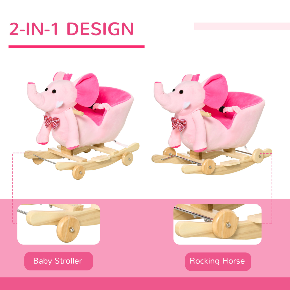 HOMCOM 2-in-1 Elephant Baby Rocking Horse Ride On with Music, Pink