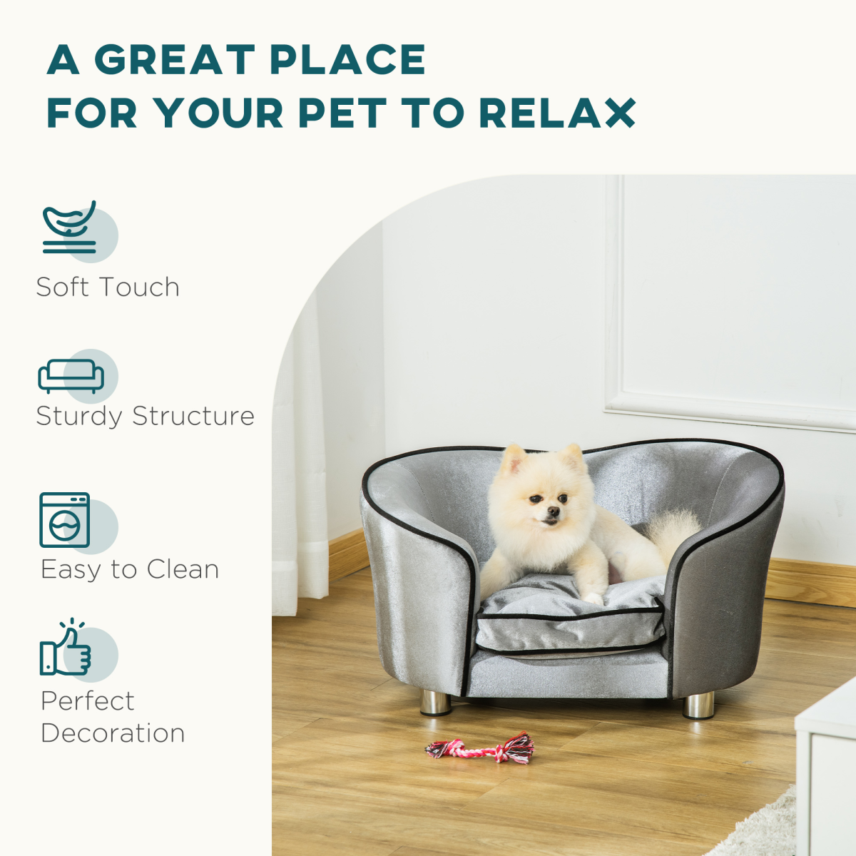 PawHut Modern Pet Sofa Bed with Removable Cushion, Storage Pocket and Non-Slip Feet for Small Dogs Under 8 kg