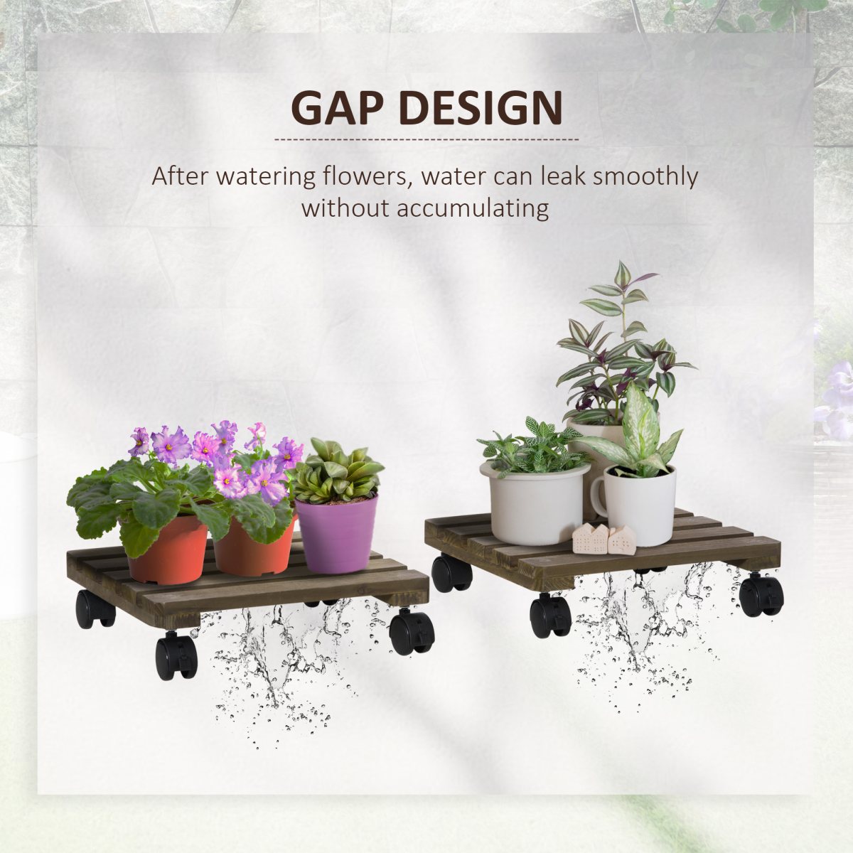 2 Pack Corner Plant Stand with Wheels, Solid Wood Flower Pot Holder with Brakes for Garden, Balcony and Backyard