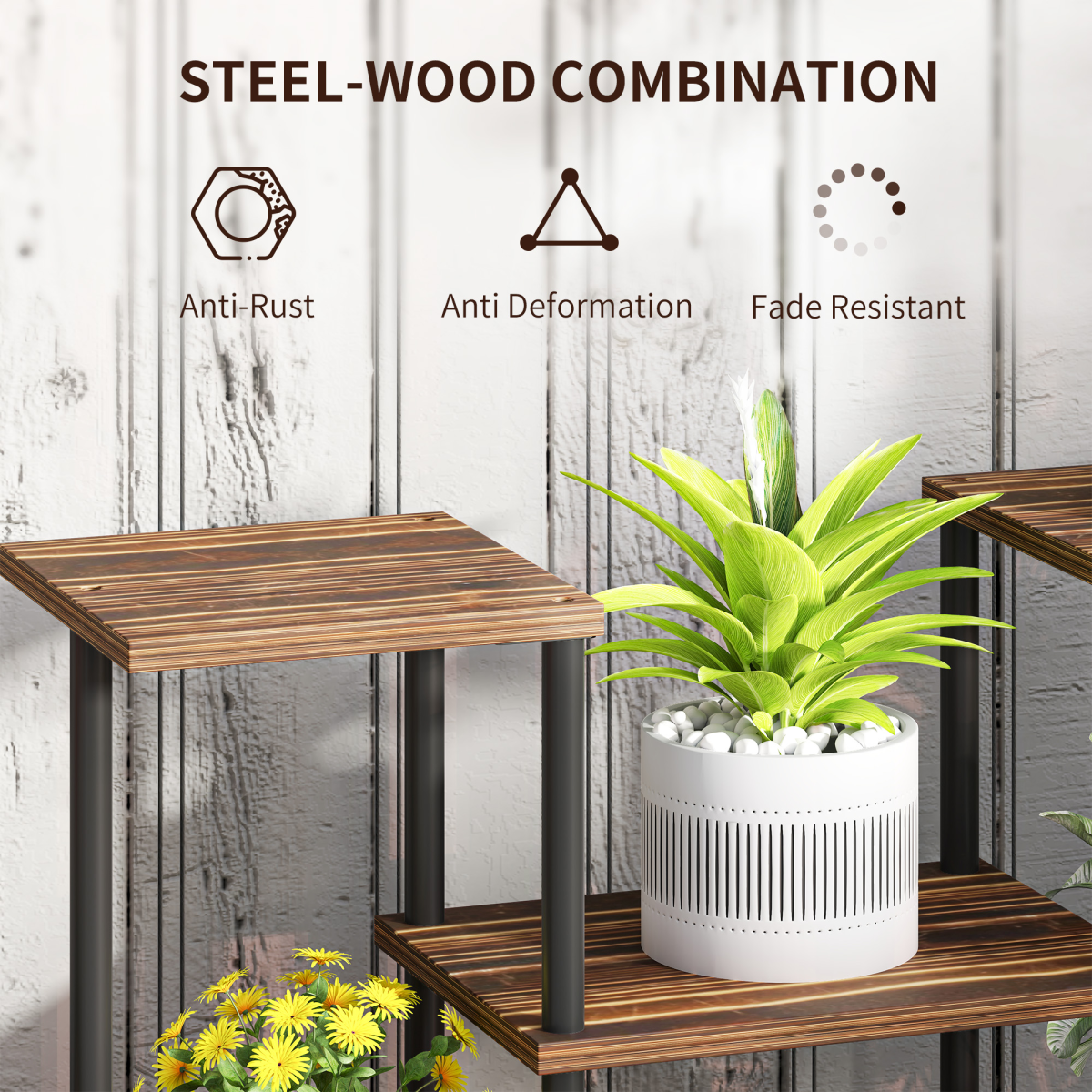 Outsunny 4-Tier Metal & Wood Flower Shelf Rack, Carbonised Finish