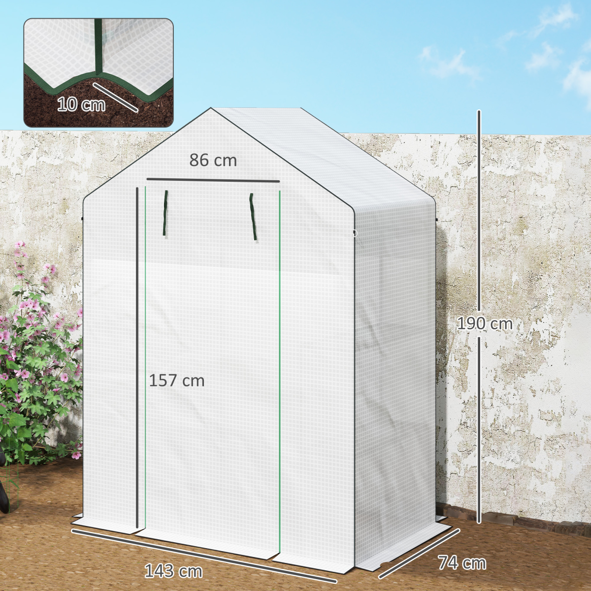 Outsunny Walk-In Greenhouse with 4 Shelves, Outdoor, White