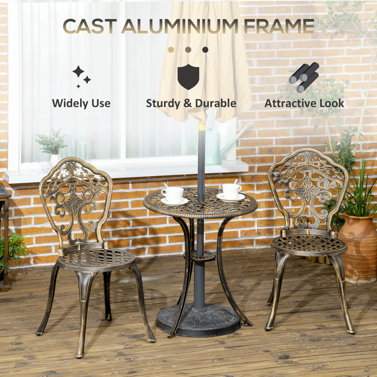 Outsunny 3 Piece Cast Aluminium Garden Bistro Set with Parasol Hole