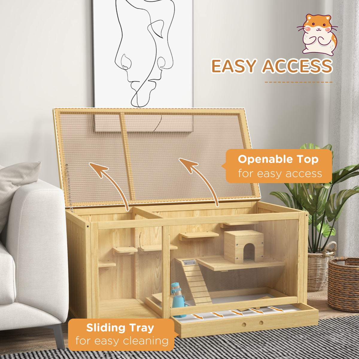 PawHut Wooden Hamster Cage with Water Bottle, Platforms & Openable Roof
