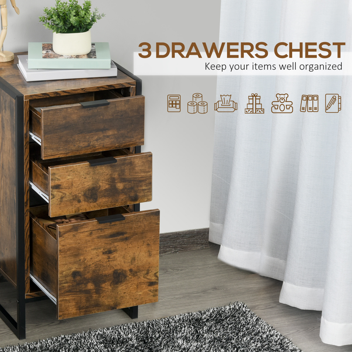 Industrial 3-Drawer Storage Chest with Steel Frame, Brown
