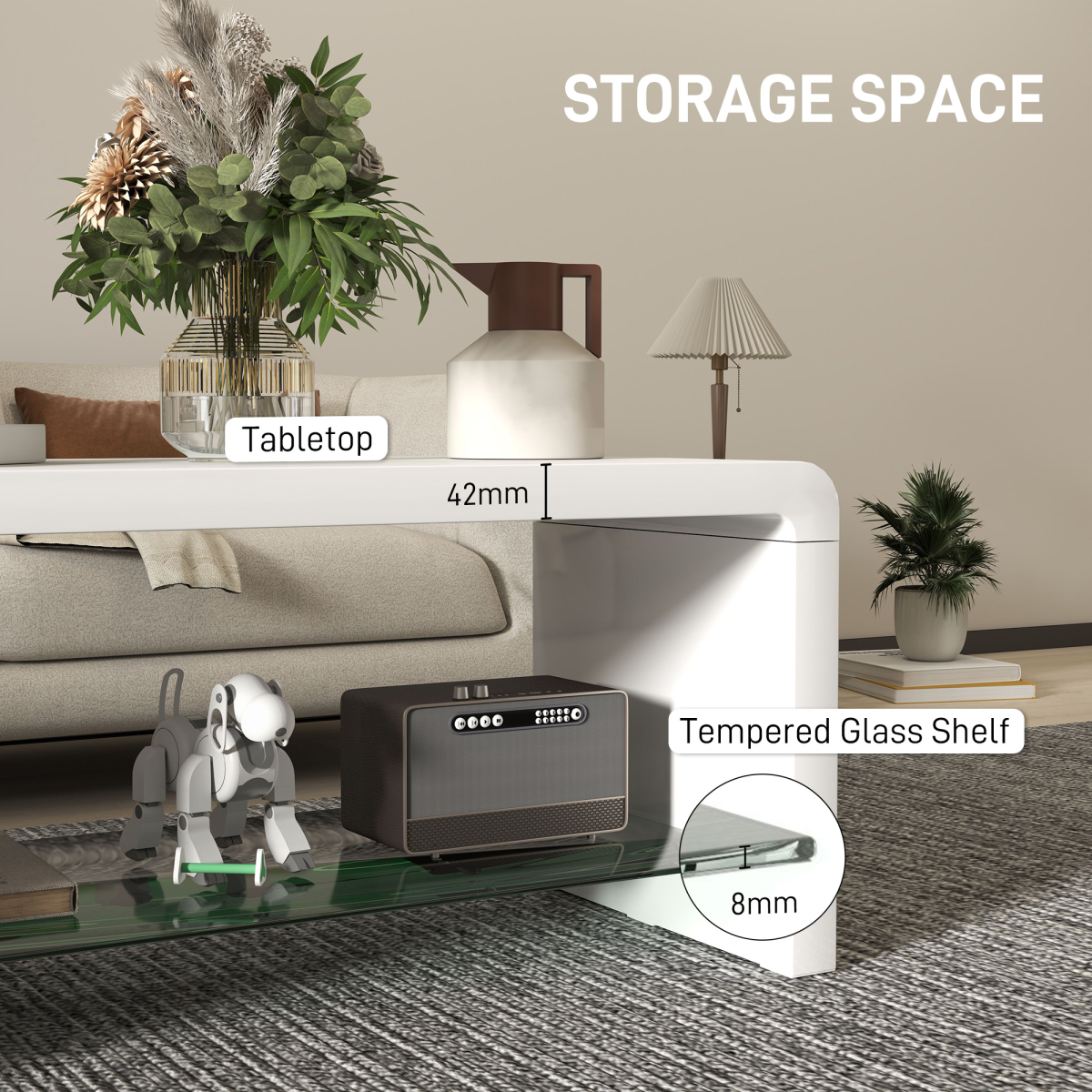 HOMCOM High Gloss White Curved Coffee Table with Glass Shelf