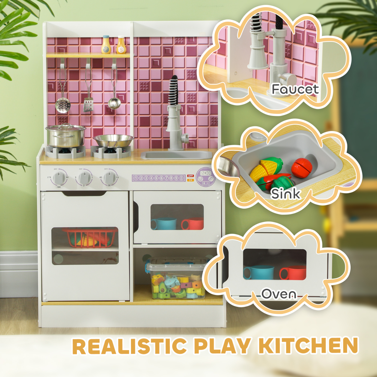 AIYAPLAY Kids Play Kitchen with Lights, Sounds, Oven & Sink