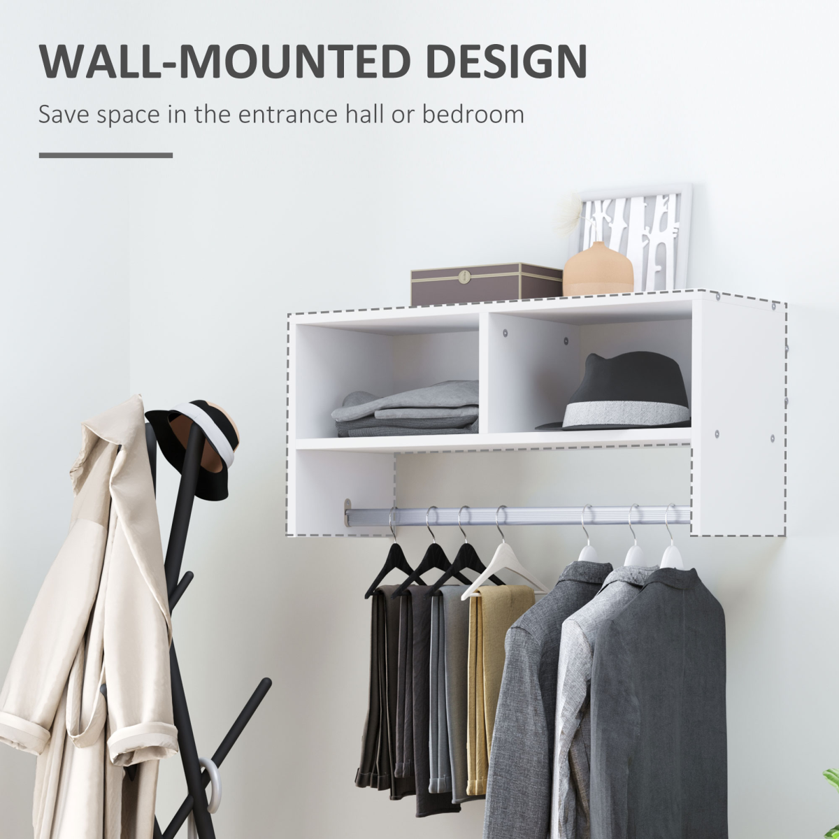 HOMCOM Wall Mounted Coat Rack with Clothes Rail and 2 Shelves, White
