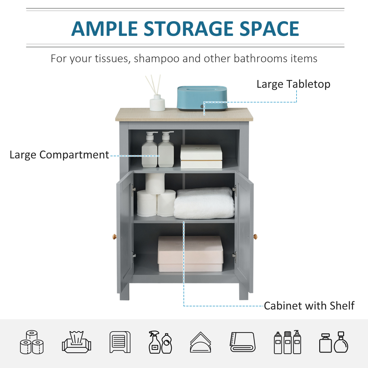kleankin Bathroom Floor Storage Cabinet with Doors, Adjustable Shelf