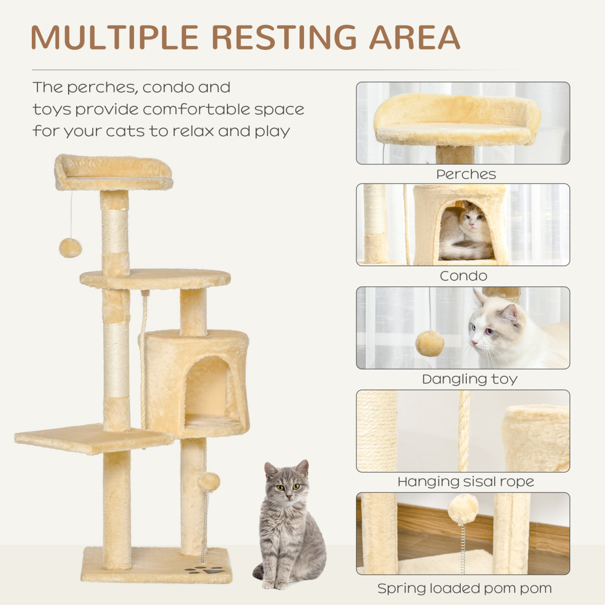 4-Tier Cat Tree Activity Centre with Scratching Posts, Toys, Condo Hideaway, 114cm