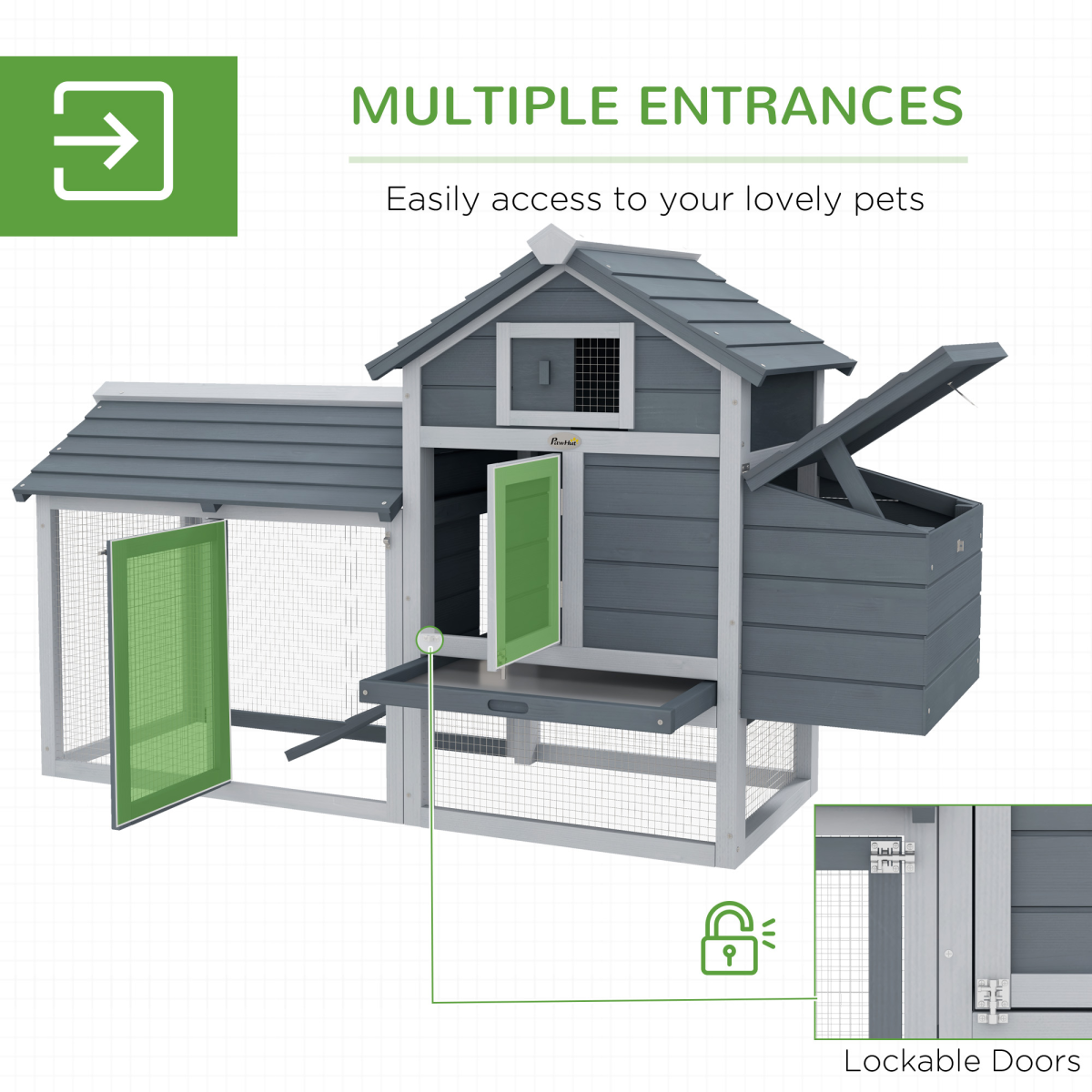PawHut Small Chicken Coop with Outdoor Run and Nesting Box, Grey, 150.5 x 54 x 87 cm