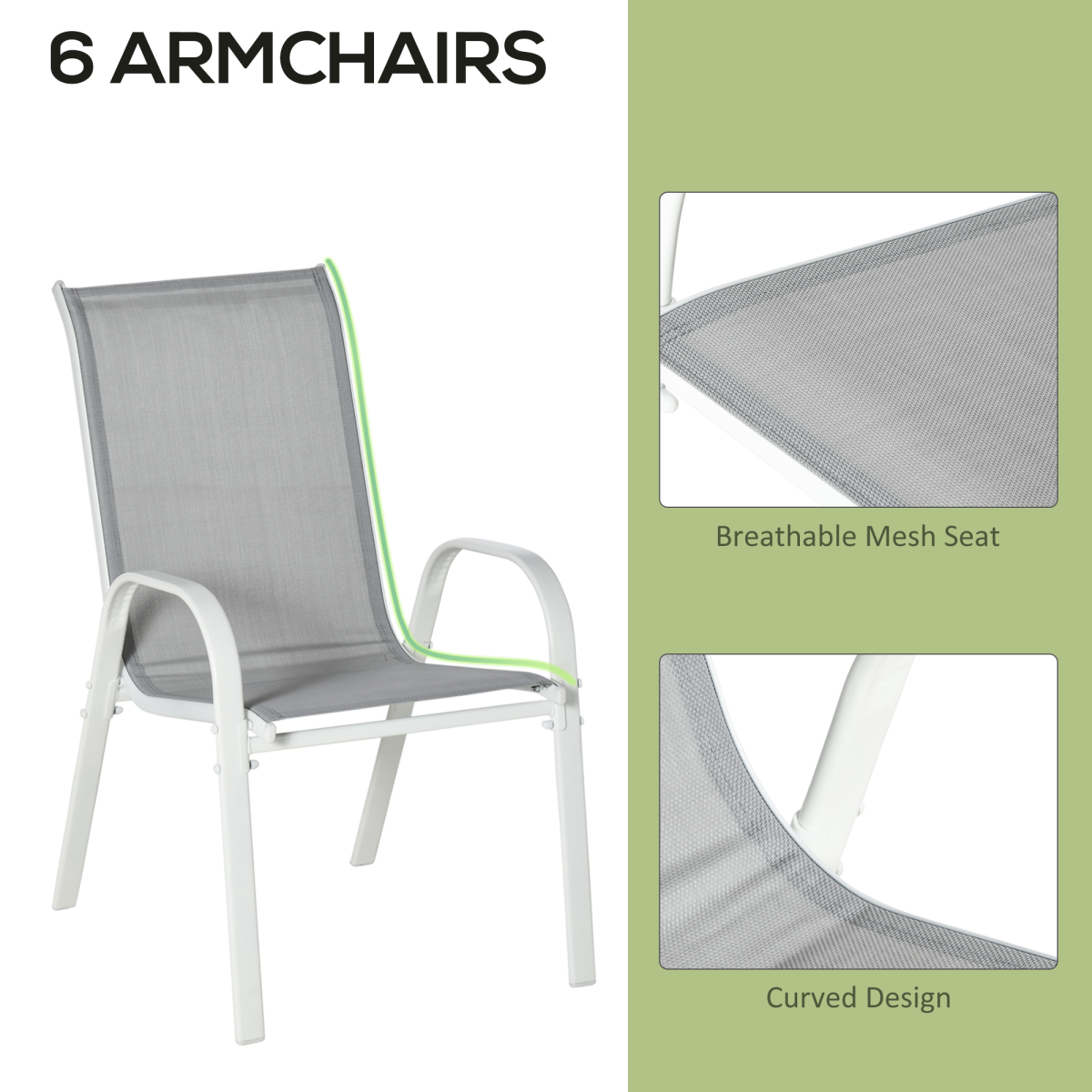 Outsunny 7 Piece Grey Outdoor Garden Dining Set with 6 Armchairs and Glass Top Table