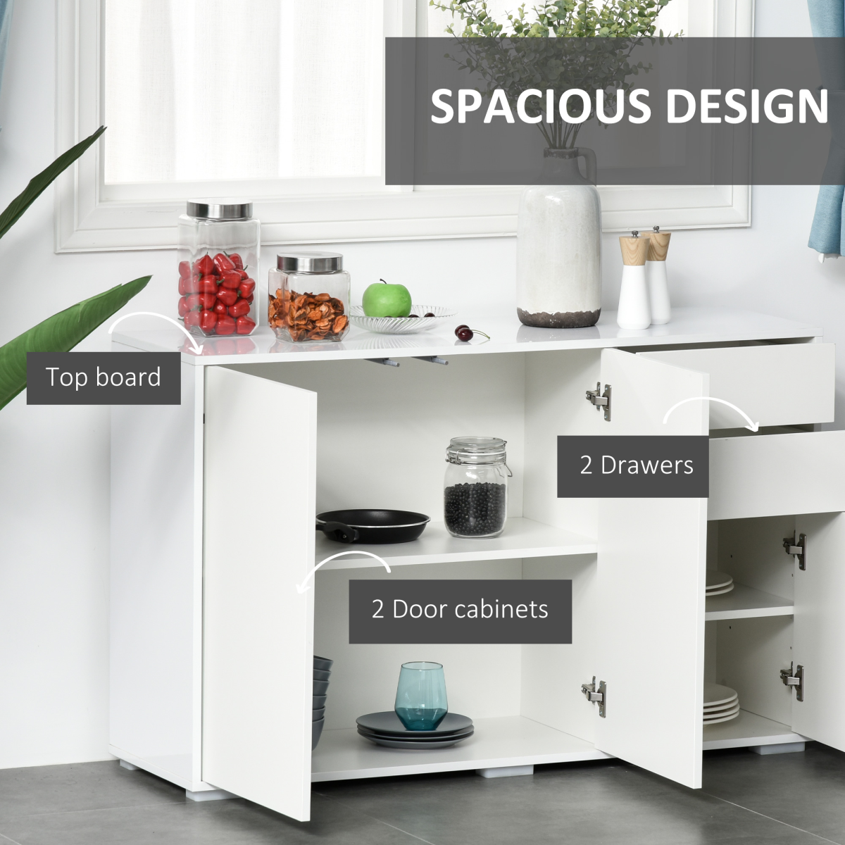 HOMCOM White Side Cabinet with 2 Doors, 2 Drawers, Adjustable Shelf, Push Open Design