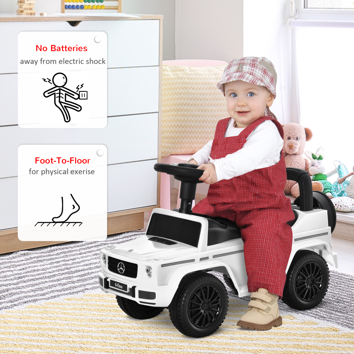 Mercedes Benz G350 Licensed 3-in-1 Kids Ride-On Sliding Car with Under-Seat Storage, No Power, White