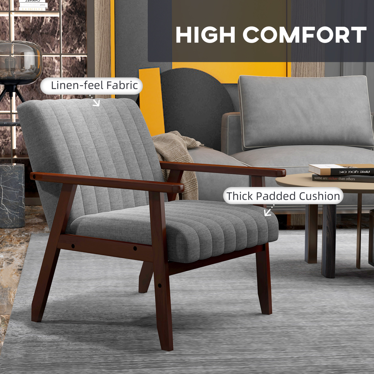HOMCOM Modern Grey Accent Chair, Upholstered Armchair with Brown Legs