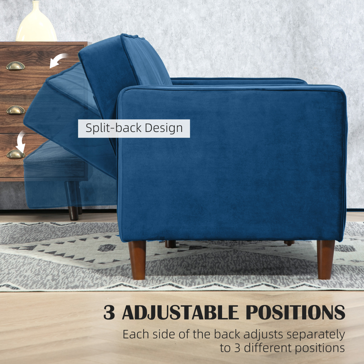 HOMCOM Convertible Sofa Futon Velvet-Touch Tufted Couch Sofa Bed Split Back Blue