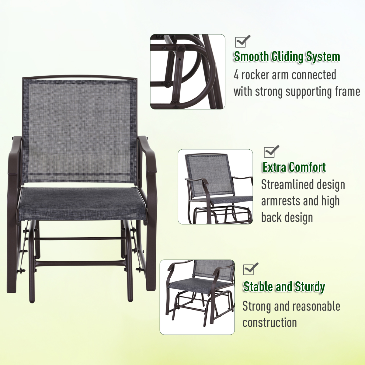 Outsunny 3-Piece Outdoor Glider Rocking Chair Set with Table, Steel Frame, Grey