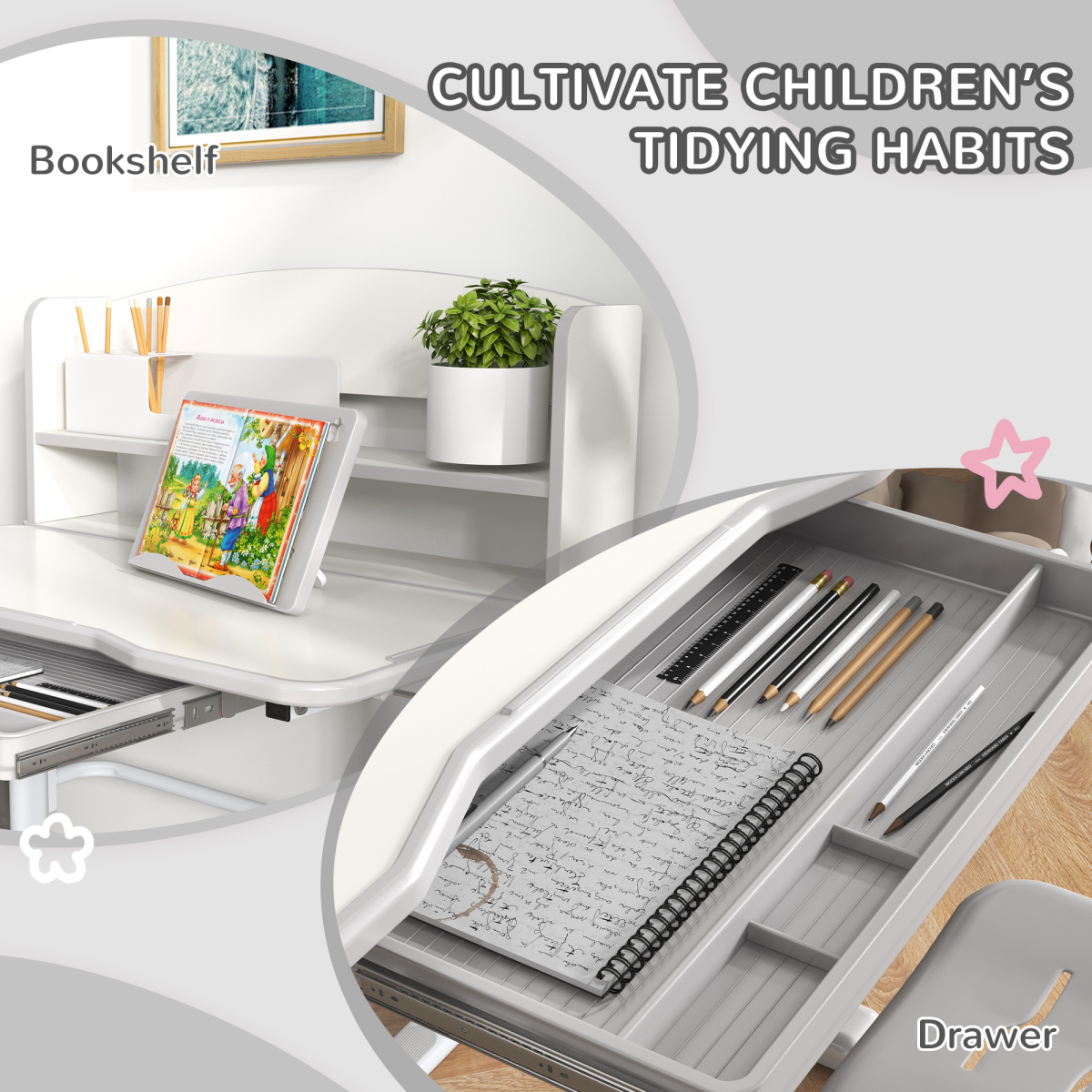 ZONEKIZ Adjustable Kids Desk and Chair Set with Drawer & Bookshelf, Grey