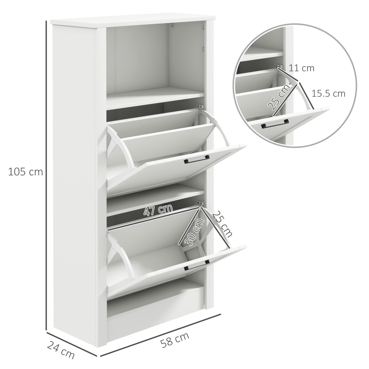 HOMCOM Modern Shoe Cabinet with 2 Flip Drawers, Adjustable Shelves, White