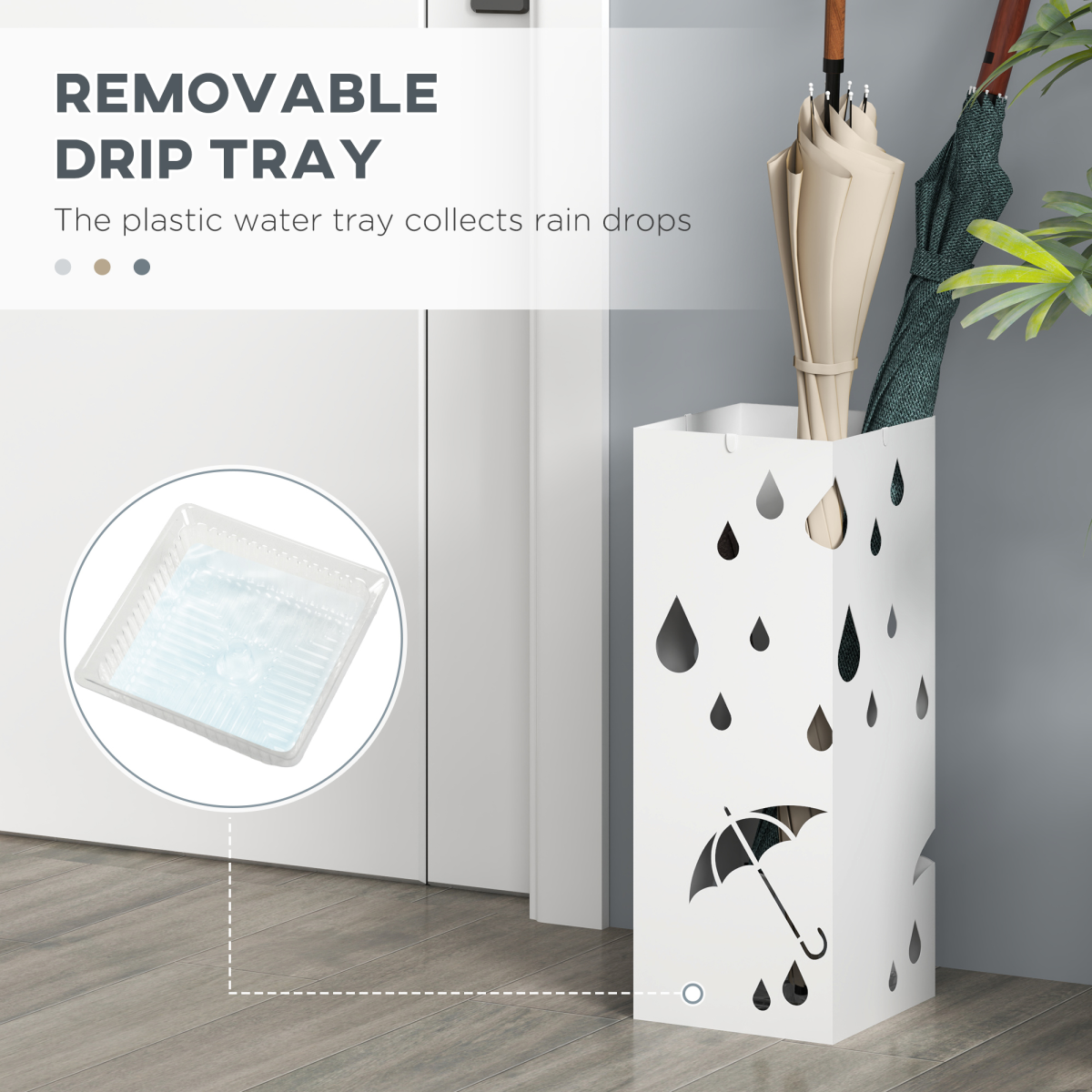 HOMCOM Square Metal Umbrella Stand with 4 Hooks and Drip Tray White